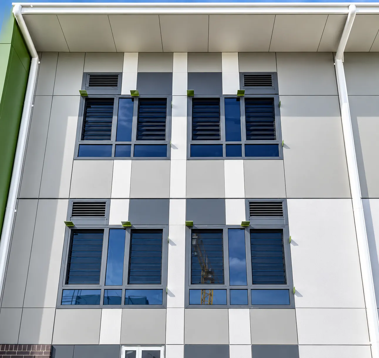 Aluminium-framed louvre and fixed windows on the facade of Tallawong Public School, Rouse Hill